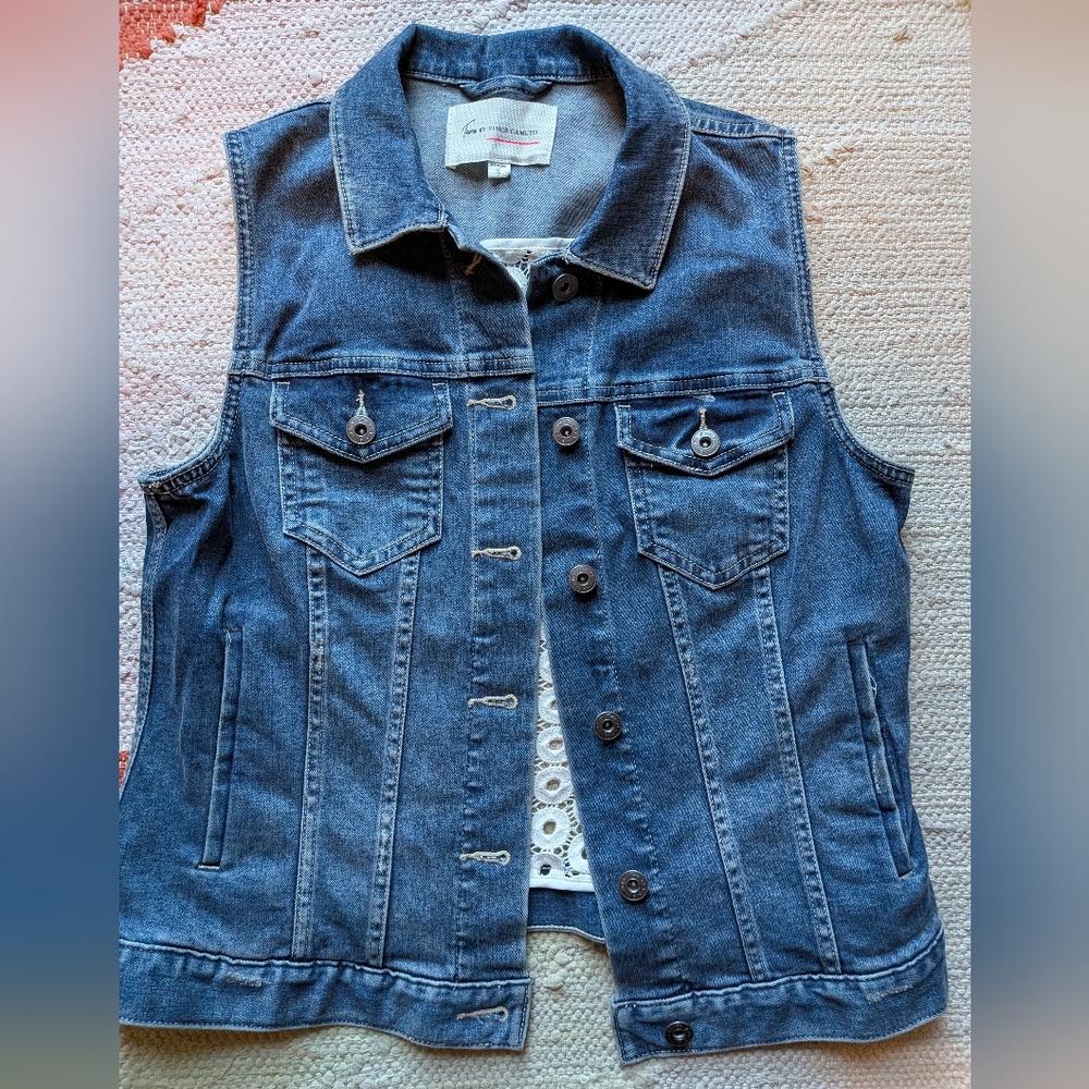 Vince Camuto Blue Denim Vest with Lace Detail, Small